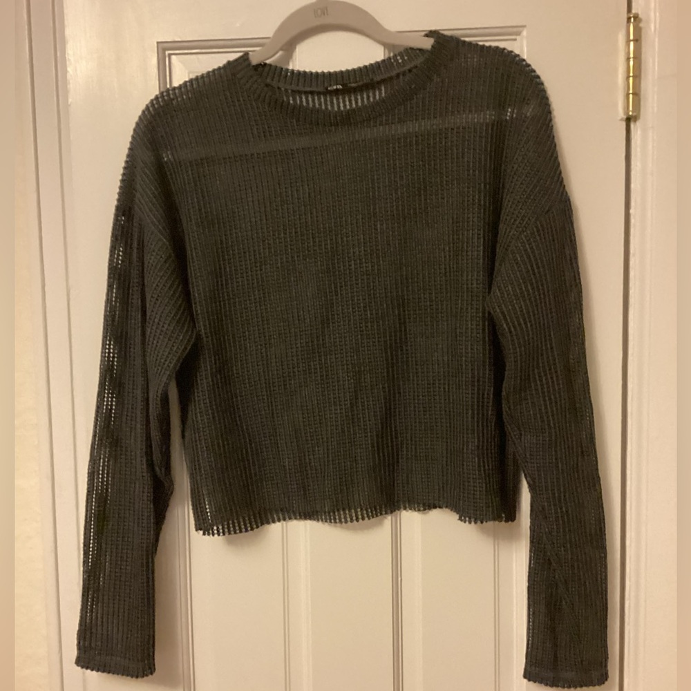 Zara Charcoal Raw Hem Fishnet Cropped Sweater